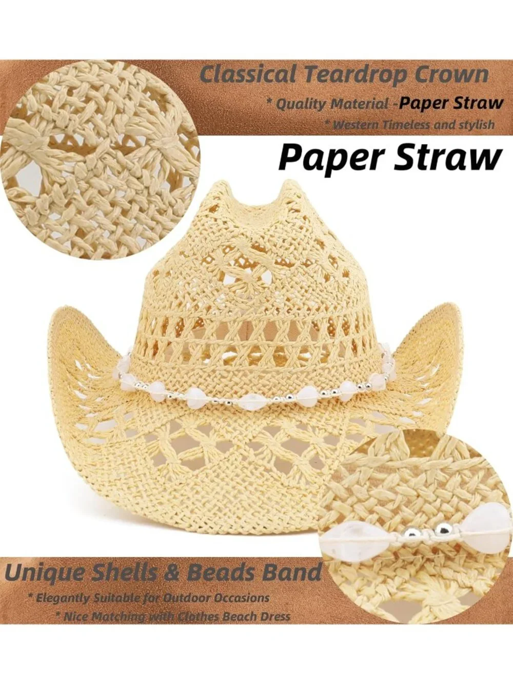 Men's Beige Pull-On Western Cattleman Style Wide Shapeable Brim Cowboy Hats